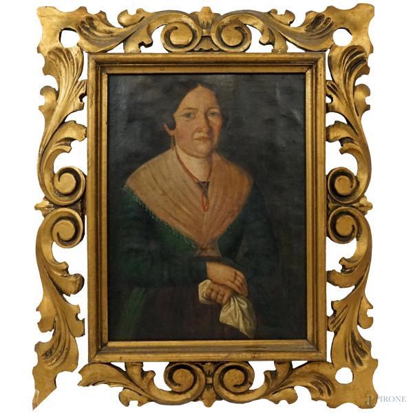 Ritratto di donna con collana di corallo, olio su tela applicata su tavola, cm 40x30,5, XIX secolo, entro cornice, (lievi difetti).