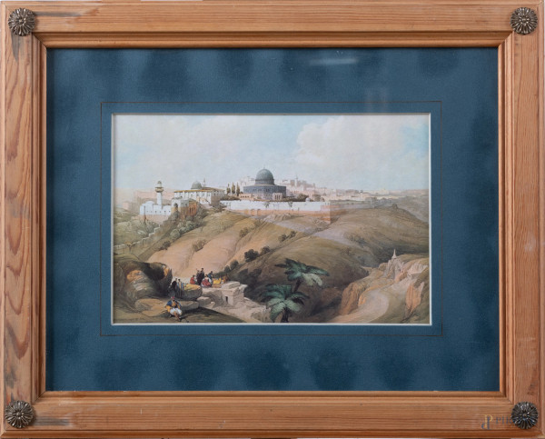 Paesaggio arabo con figure, XX secolo, stampa su carta, cm 21 x 31, firmato, entro cornice