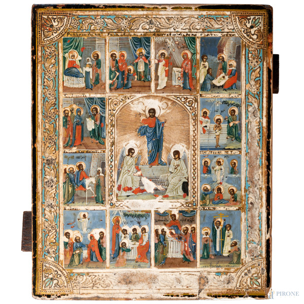 Icona raffigurante Scene di Vita di Cristo, XIX-XX secolo, tempera su tavola, cm 27x21,5, (segni di usura, cadute di colore, restauri, difetti)