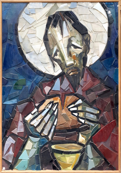 Nicoletta Galli - Gesù spezzò il pane, tecnica mista e mosaico di vetri colorati su tavola, cm 50x75, firmato, con cornice