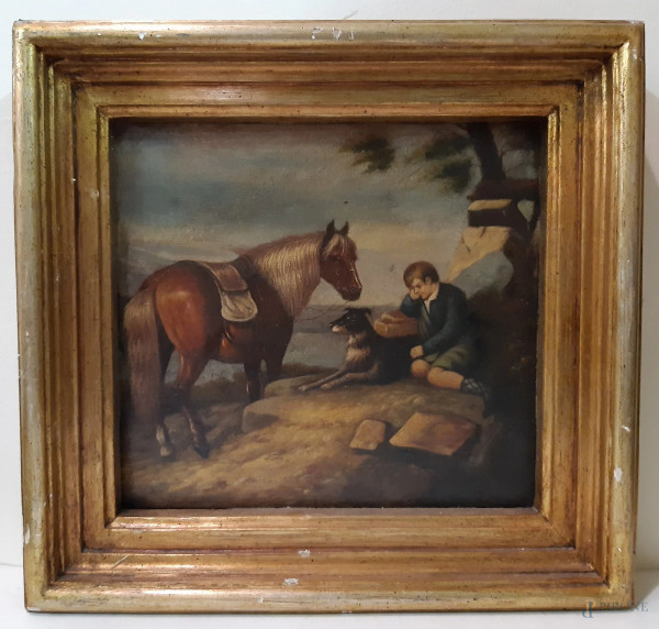 bambino con cane e cavallo, dipinto ad olio su tavola 30x28 cm in cornice dorata.