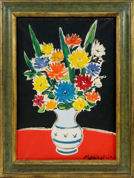 Vaso con fiori, olio su tela, cm 70x49, firmato, entro cornice