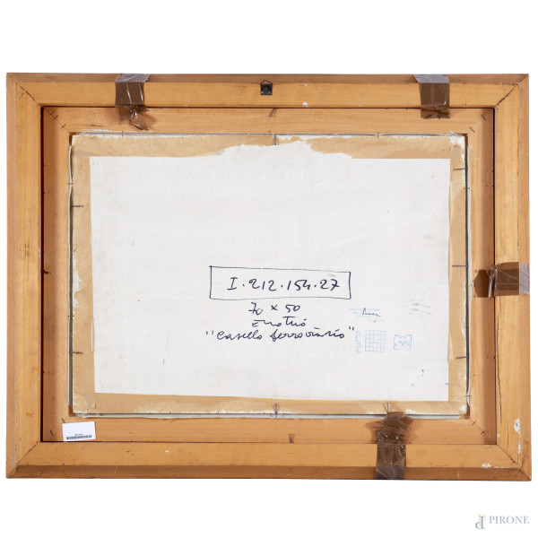 Enotrio Pugliese ( 1920-1989), Casello ferroviario, olio su compensato, cm 50x70, firmato in bass...
