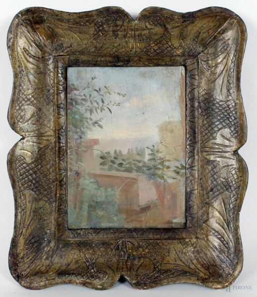 La terrazza, olio su tavola, cm. 19x15, XX secolo, entro cornice.