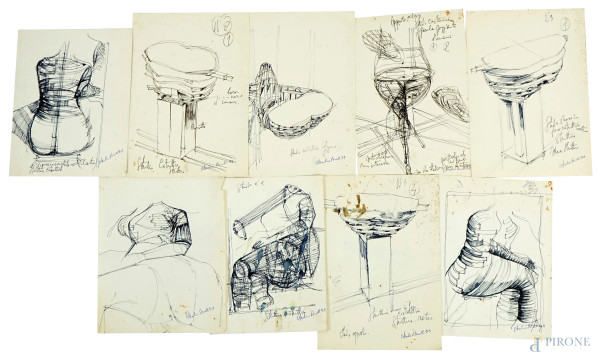 Nove studi a tecnica mista su carta raffiguranti soggetti diversi, misure max cm 30x20,5, firmati Clementino Binelli, (macchie e difetti sulla carta).