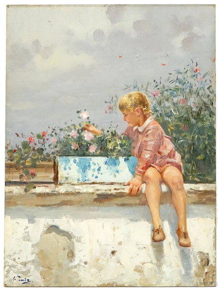 Bambina in terrazza, olio su compensato, cm 39,5x29, firmato G. Panza, entro cornice.