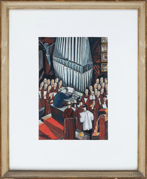 Schola cantorum, tempera su carta, cm 38x5x26, firmato e inscritto in basso a sinistra 