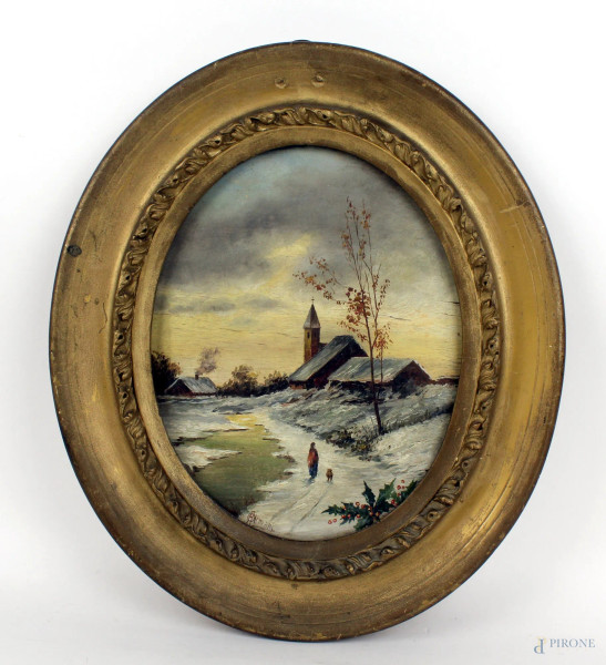 Paesaggio invernale con fanciulla e cagnolino, olio su tavola ad assetto ovale, cm.25x20, firmato, entro cornice.