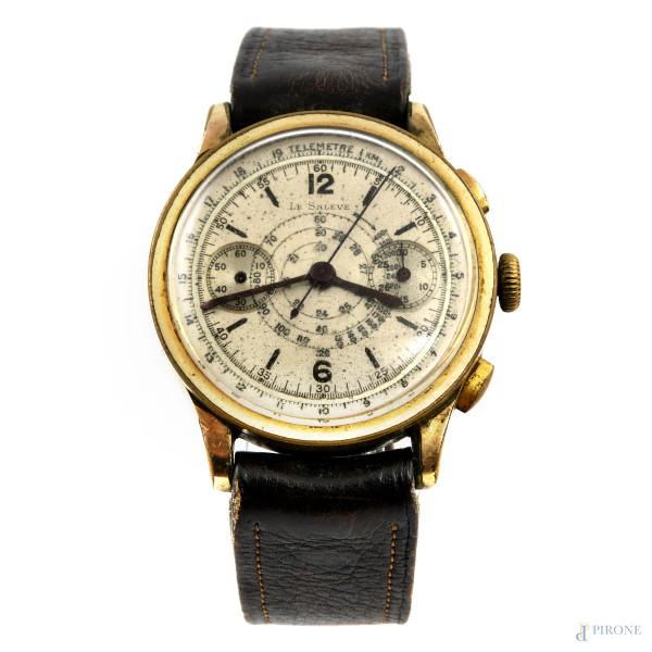 Orologio Le Saleve con cassa in metallo dorato e cinturino in pelle marrone, misura quadrante 35 mm, lunghezza cm 21, (segni di usura, da revisionare)
