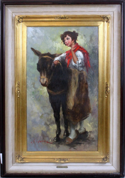 Donna con asinello , olio su tela 70x40cm, firmato A. Sansone , entro cornice.