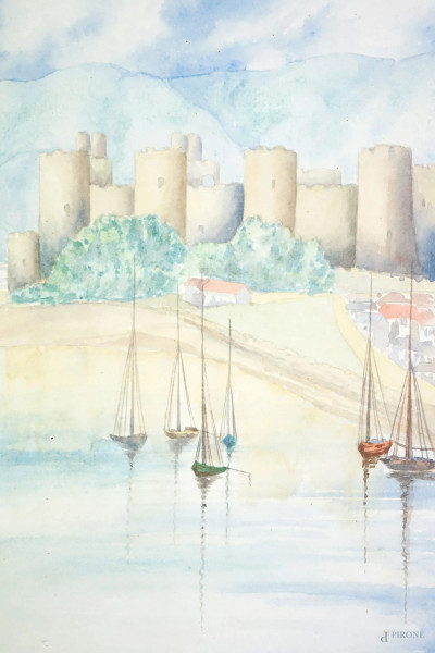 Conway Castle - North Wales, acquarello su carta, cm 26,5x19, firmato e datao 1923, entro cornice.