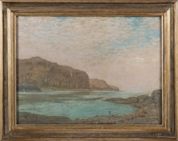 Scuola inglese del XIX secolo, Scorcio di costa, olio su tela, cm 71x92, firmato e datato in basso a sinistra, (abrasioni, graffi della superficie)