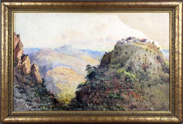 Enrico Coleman- paesaggio montano, acquarello su carta 77x49 cm, entro cornice.