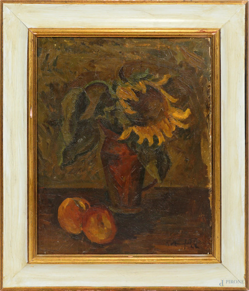 Natura morta con vaso di girasoli, olio su tavola, firmato e datato in basso a destra [...] [19]42, cm 49,8x39,5, entro cornice