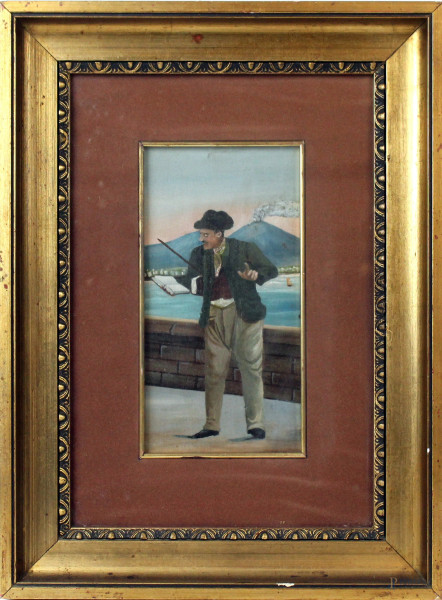 L'artista di strada, olio su cartone telato, cm. 26x18, scuola napoletana, prima metà XX secolo, entro cornice
