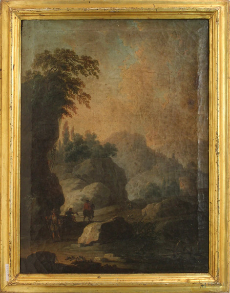 Paesaggio con figure, olio su tela, cm 56x42, XVIII sec., entro cornice.