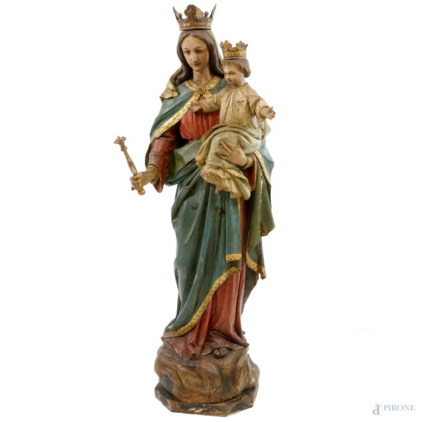 Scultore del XIX secolo, Madonna Ausiliatrice con Bambino, scultura in legno intagliato, laccato e dipinto, cm h 140, (difetti e restauri)