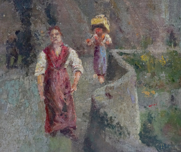 Costiera amalfitana, tela applicata su tavola, cm 58x77,5, firmato in basso a sinistra, entro cor...