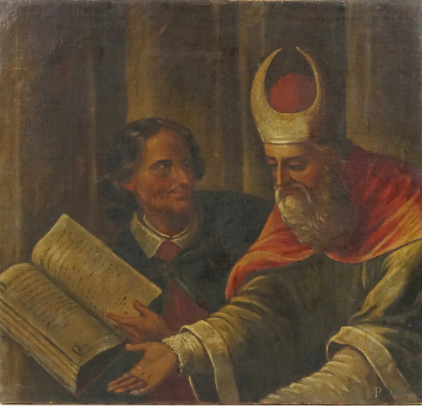 Pittore del XVII secolo, Sacerdote e nobiluomo in conversazione, olio su tela, cm 66x70,5, (lievi difetti).