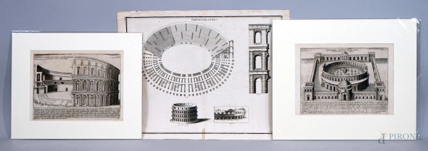 Lotto di 3 incisioni del XVII e XVIII secolo raffiguranti Anfiteatri e Terme, misure max cm 35x46