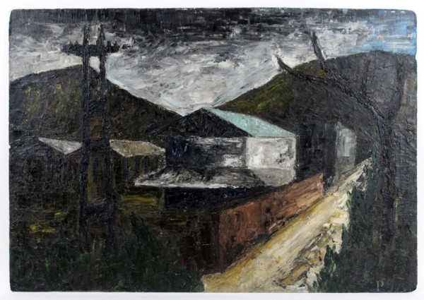 Paesaggio con case e montagne, olio su masonite, cm 44,5x65, XX secolo