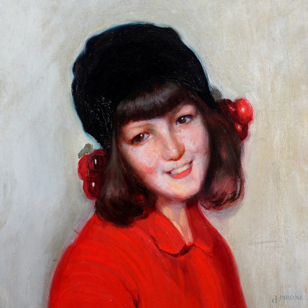 Cappottino rosso (la figlia del pittore), olio su tela, cm 84x62, entro cornice.