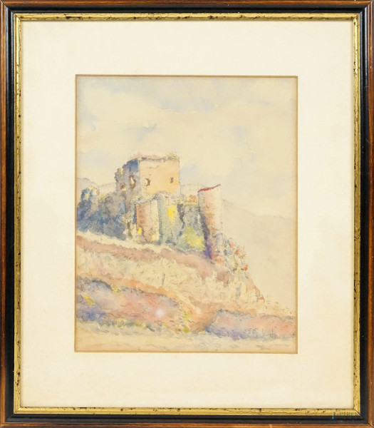 Paesaggio con rovine di castello, acquerello e matita su carta, inizi XX secolo, cm 25x20, entro cornice