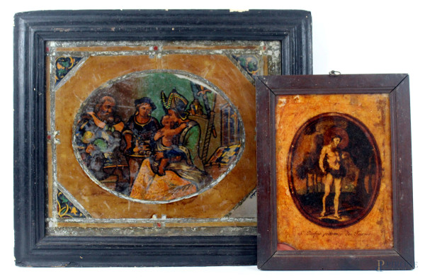 Lotto di due stampe raffiguranti S. Onofrio protettore dei Tentori e scena cortese, carta applicata su vetro, misure max cm 28x34, XIX secolo, entro cornici, (difetti)