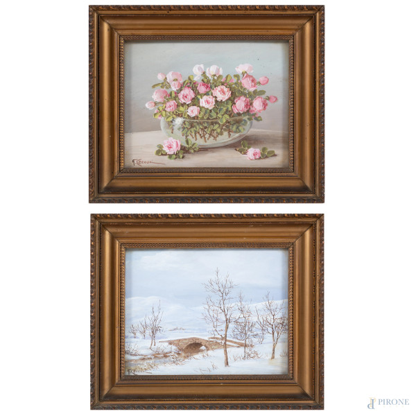 Coppia di dipinti raffiguranti paesaggio invernale e vaso con rose, XX secolo, olio su carta, cm 16x21 firmati in basso a sinistra, entro cornice