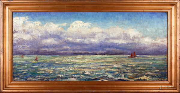 Marina con barche, olio su tavola, cm 27x60, firmato, entro cornice.