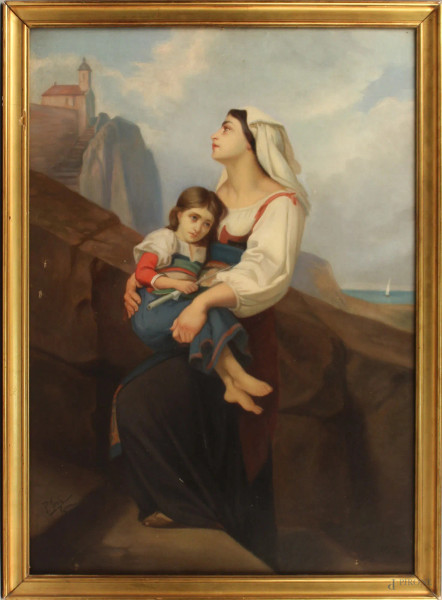 Donna con bambina, olio su tela, cm. 65x46, firmato, entro cornice.
