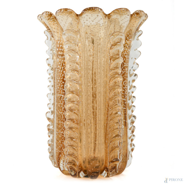 Vaso in vetro di Murano a coste, XX secolo, altezza cm 31