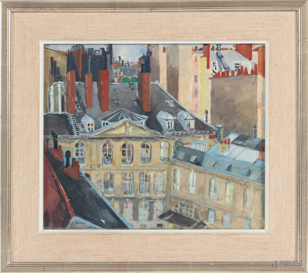 Tetti di Parigi, XIX-XX secolo, tecnica mista su carta, cm 25,5x31, firmato e datato in basso a sinistra "L. Ferri, Parigi 1964", entro cornice, (ondulazioni della tela)