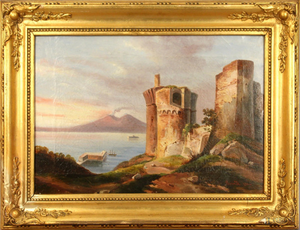 Scorcio del golfo di Napoli, olio su tela, cm. 31x46, XIX secolo, firmato entro cornice.