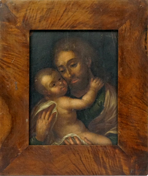 S.Giuseppe con il Bambino, olio su tavoletta, cm 18x14, XIX secolo, entro cornice.