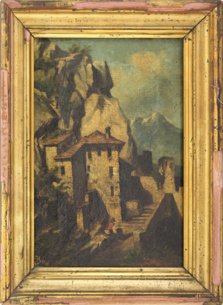 Paesaggio montano con case e figura, olio su tela, XIX sec., cm 31 x 21, entro cornice.