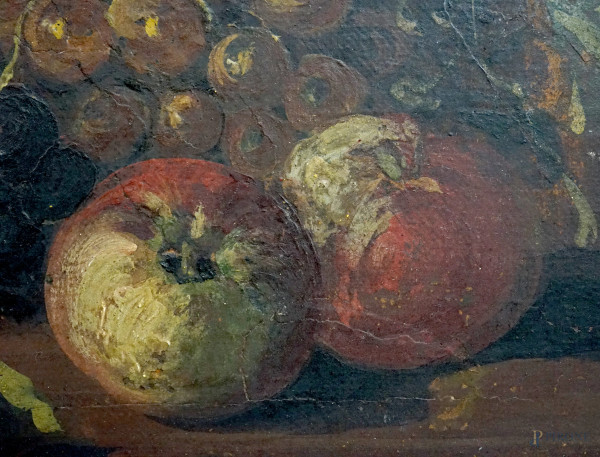 Natura morta con anguria, uva e pesche, olio su cartone, firmato, cm 40x55, entro cornice