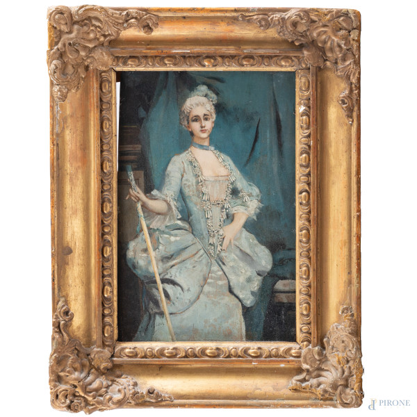 Dama francese, XX secolo, olio su tavoletta, cm 30x20, entro cornice, (segni di usura, abrasioni, difetti)