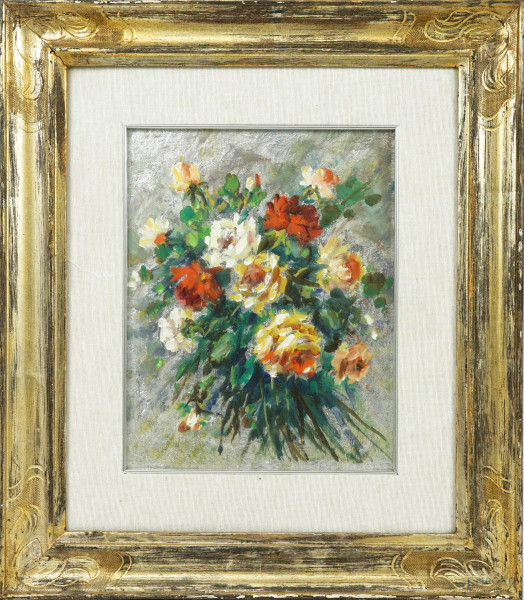 Fiori, olio su tela, cm 24,5x30, XX secolo, entro cornice