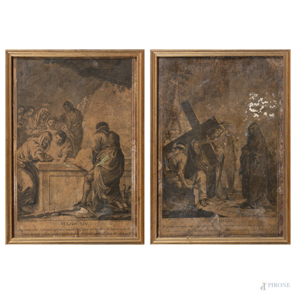 Coppia di stampe raffiguranti episodi della Via Crucis, XIX-XX secolo, cm 31x21, entro cornici, (tracce di umidità, muffa, gore, foxing, difetti, lacerazioni, ondulazioni, mancanze, piegature, strappi)
