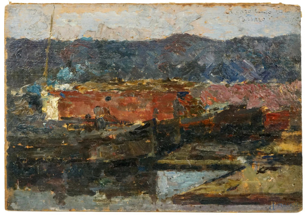 Paesaggio con porto, olio su tavola, cm 19x28, firmato in alto a destra Passaro, con dedica, entro cornice