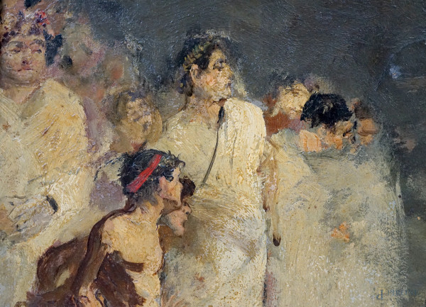 Artista del XIX-XX secolo, Morte di Cesare, olio su tela, cm 34,2x80, entro cornice