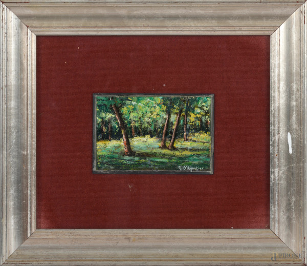 Nel bosco, XX secolo, olio su lastra, cm 10x15, firmato in basso a destra, entro cornice