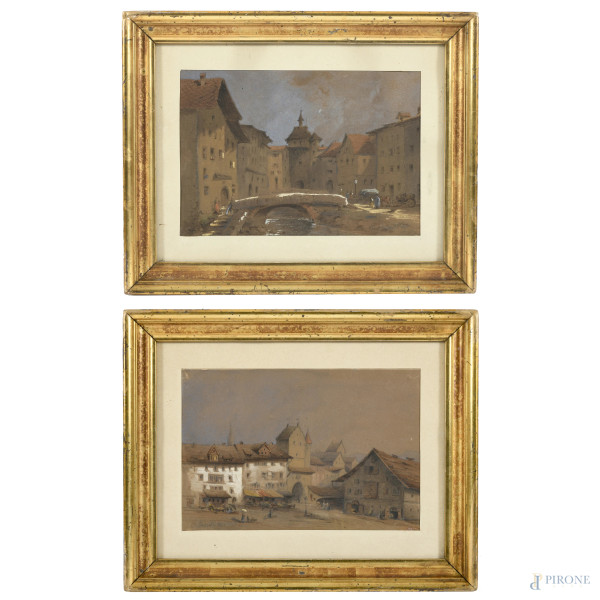 Coppia di scorci di città nordiche, XIX secolo, tecnica mista su carta, cm 12,5x19, firmati e datati "1860", entro cornice
