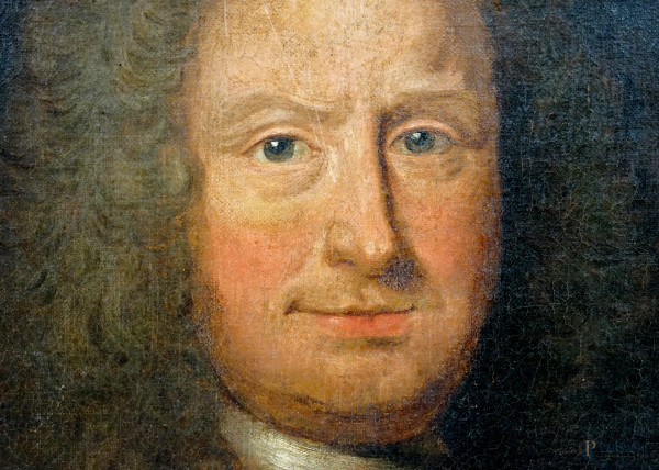 Pittore francese del XVIII secolo, Ritratto di gentiluomo con drappo rosso, olio su tela, cm 74,5...