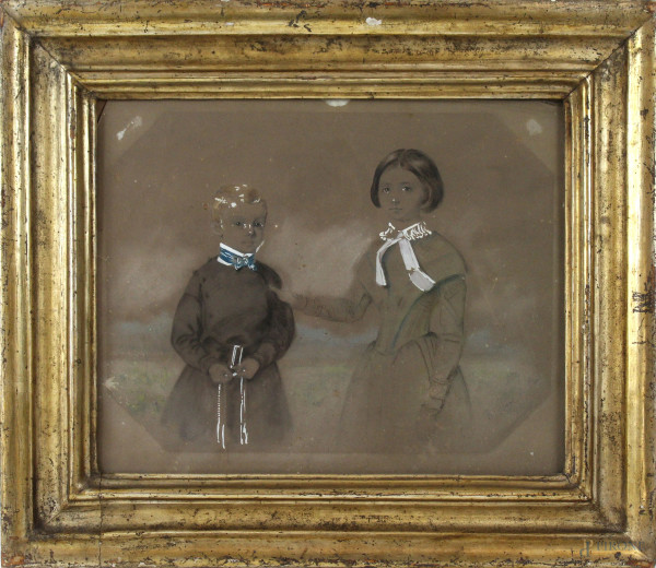 Ritratto di due bambini, tecnica mista su carta, cm 22x27,5, firmato, entro cornice.