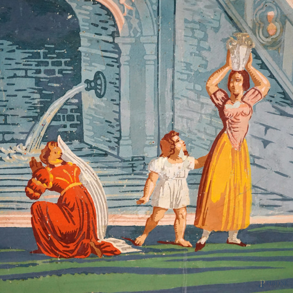 Scena cavalleresca, tempera su carta applicata su tela, XX secolo, cm 97,3x183