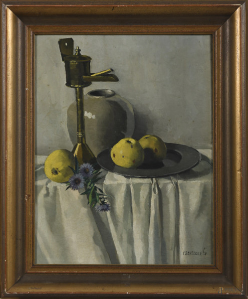 Natura morta, XX secolo, olio su tela, cm 51,5x39, firmato in basso a destra, entro cornice, (segni di usura, abrasioni)