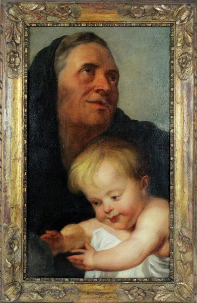 Sant&#39;Anna con il Bambino, da Antoon van Dyck (Anversa, 1599 – Londra, 1641), olio su tela, cm. 52x31, XIX secolo, entro cornice.