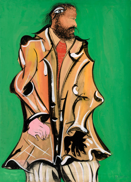 Agostino Scrofani,  (1931- 1995), Personaggio, tecnica mista su cartone, cm 70x50, al retro firmato, titolato e datato 1974, (difetti)